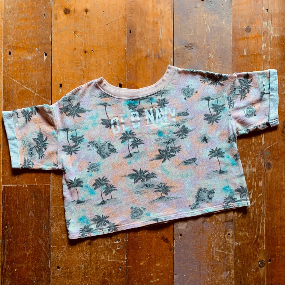 Old Navy—Logo Crop Top, Tie Dye Palm Tree Terry (Oversized, Size Small)